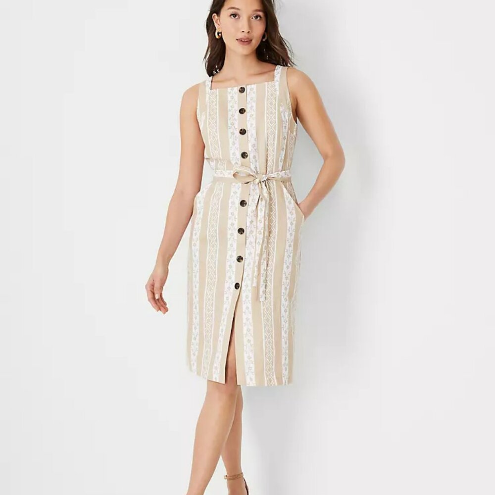 Striped Linen Blend Halter Pocket Dress Toasted Oat